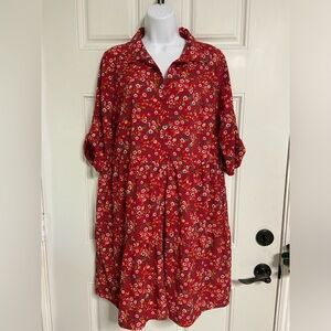 D4- MILLENIUM Red Floral BABY DOLL Shirt Dress